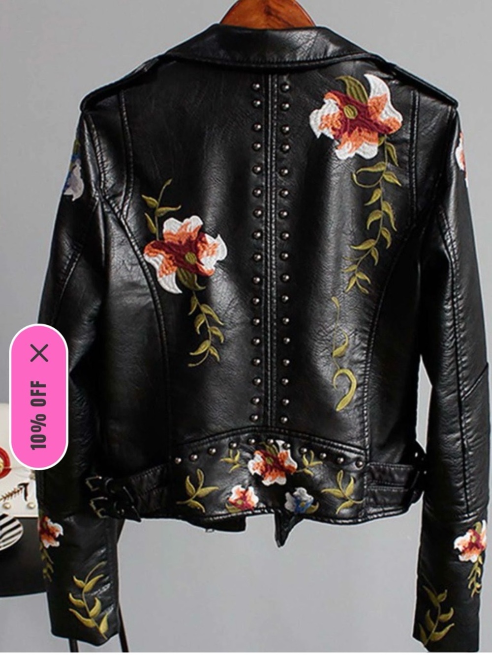 Women's Black Embroidered Faux Leather Moto Jacket - Picture 2 of 14
